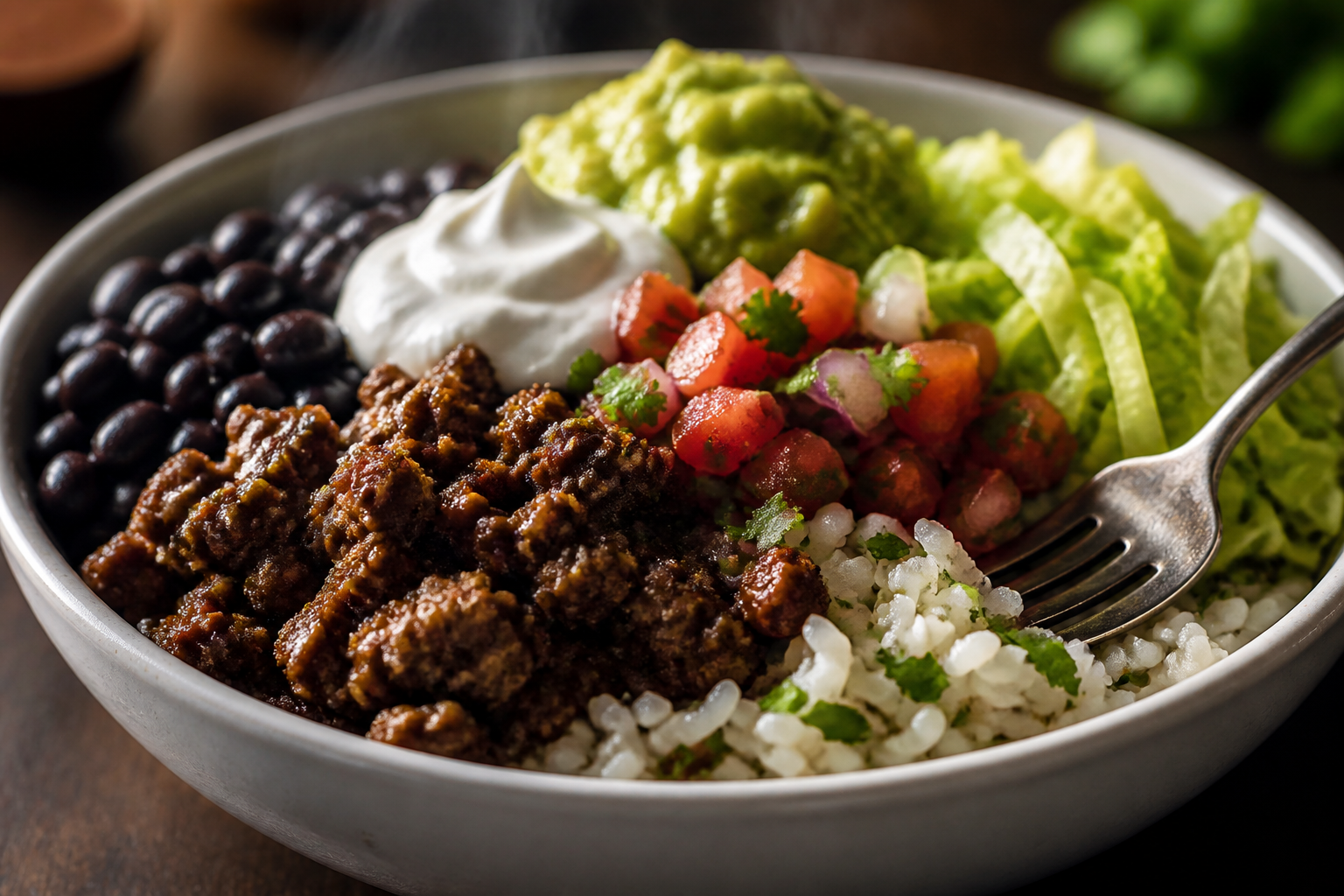 Ground beef burrito bowl with rice, beans, vegetables, and toppings in white bowl