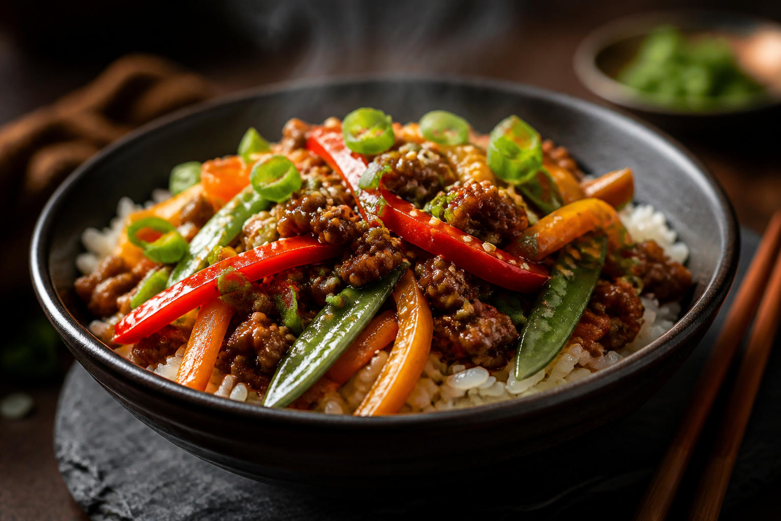 Ground beef stir-fry with vegetables and rice garnished with sesame seeds and green onions