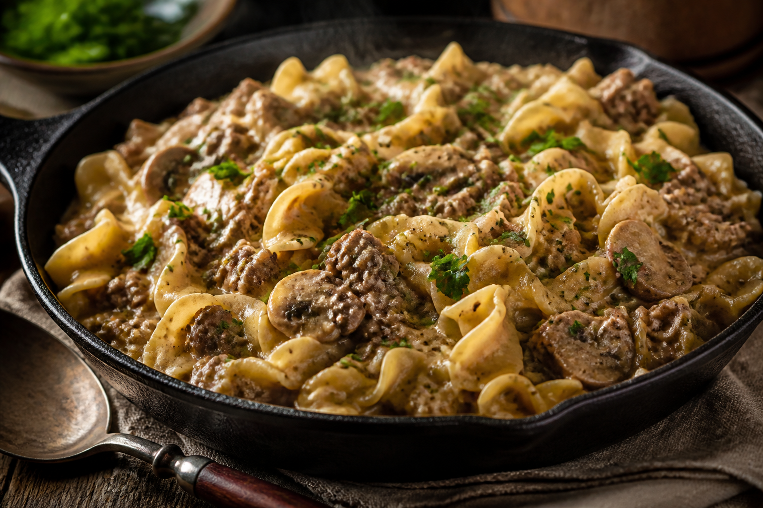 Creamy ground beef stroganoff with mushrooms and egg noodles in cast iron skillet