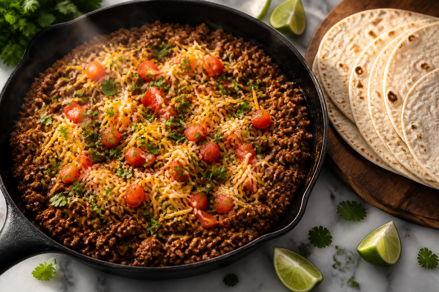 Skillet taco meat with ground beef, cheese, tomatoes, and cilantro next to flour tortillas