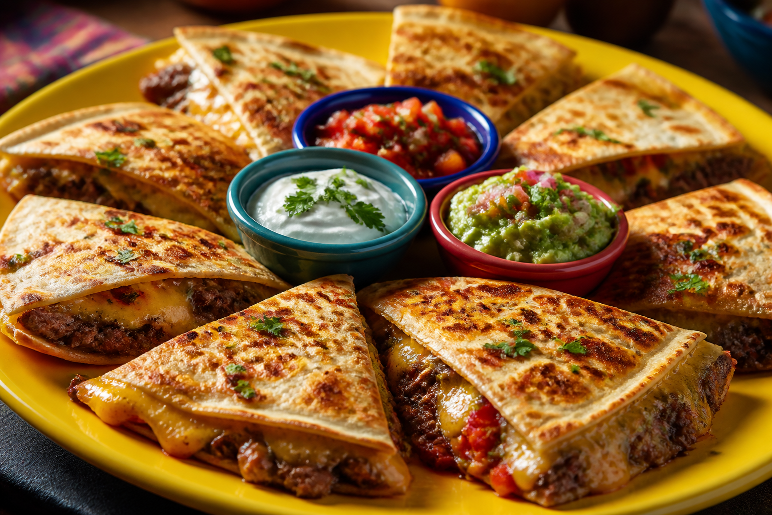 Ground beef quesadilla triangles with melted cheese and dipping sauces on yellow plate