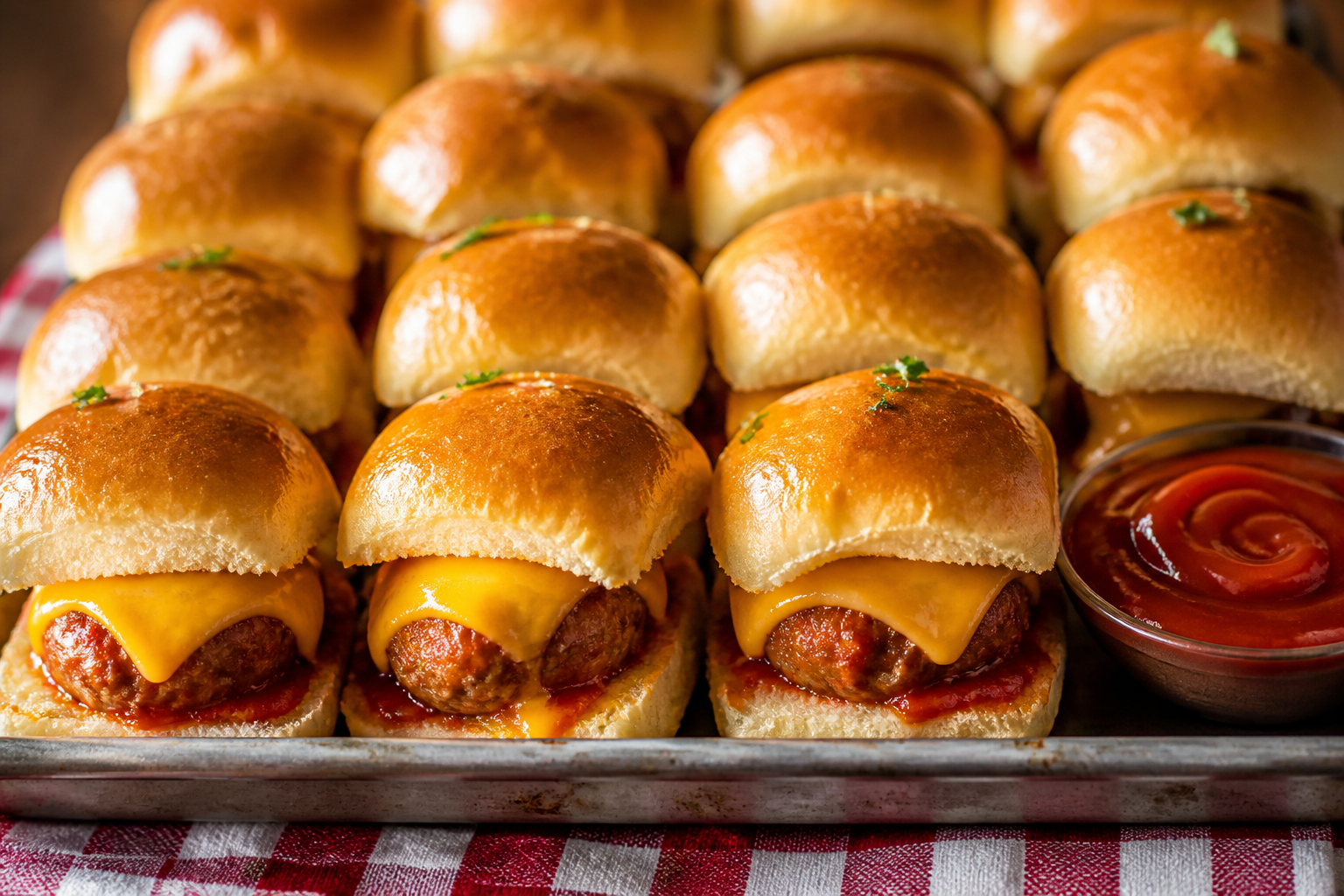 Mini ground beef meatball sliders with melted cheese on potato rolls with ketchup