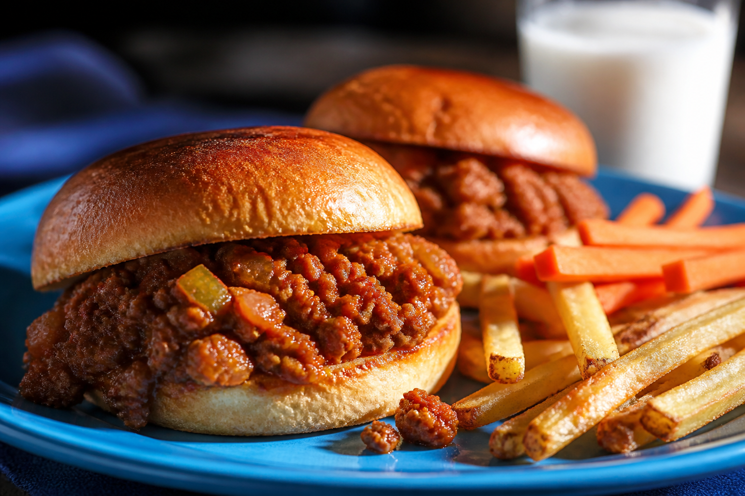 Sloppy joe sandwiches with ground beef on toasted buns served with fries and carrots