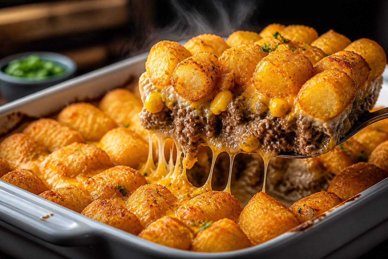 Tater tot casserole with ground beef, cheese, and crispy golden tater tots on top