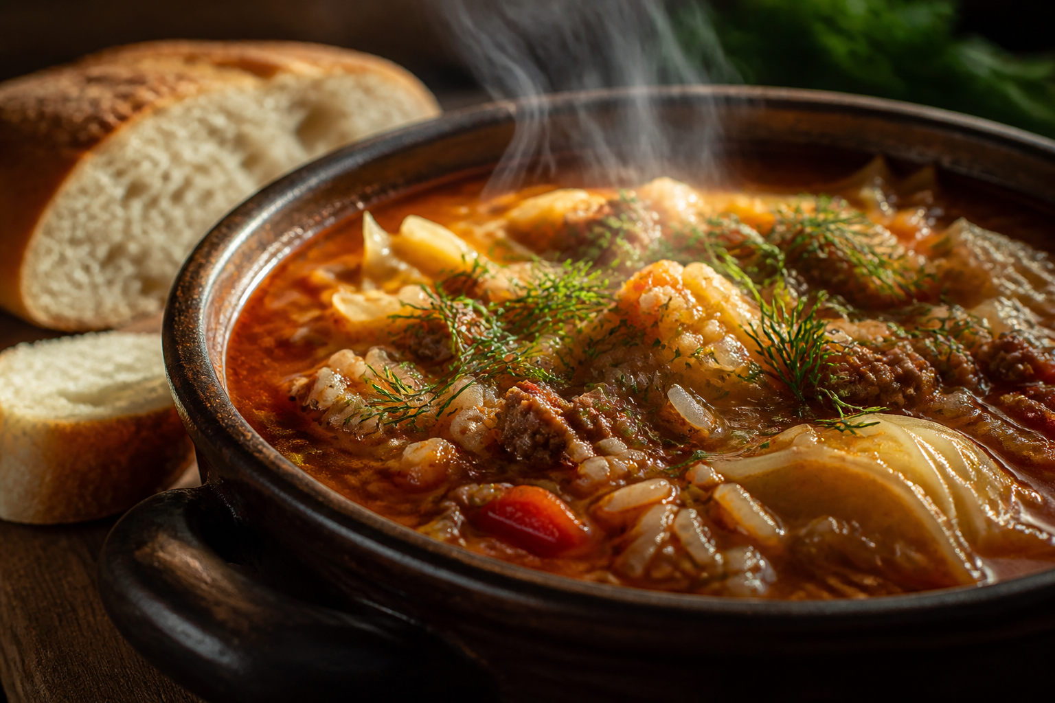 Cabbage roll soup with ground beef, cabbage, rice, and tomato broth garnished with dill