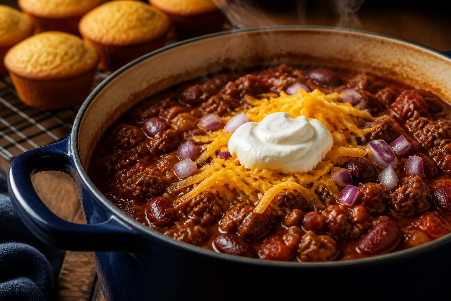 Hearty ground beef chili in Dutch oven with cheese, sour cream, and cornbread muffins