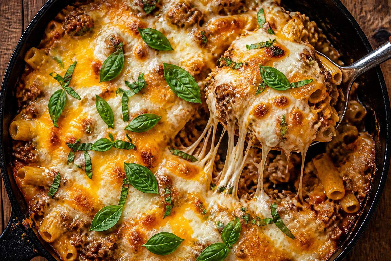 Cheesy ground beef pasta casserole in skillet with melted cheese and fresh basil