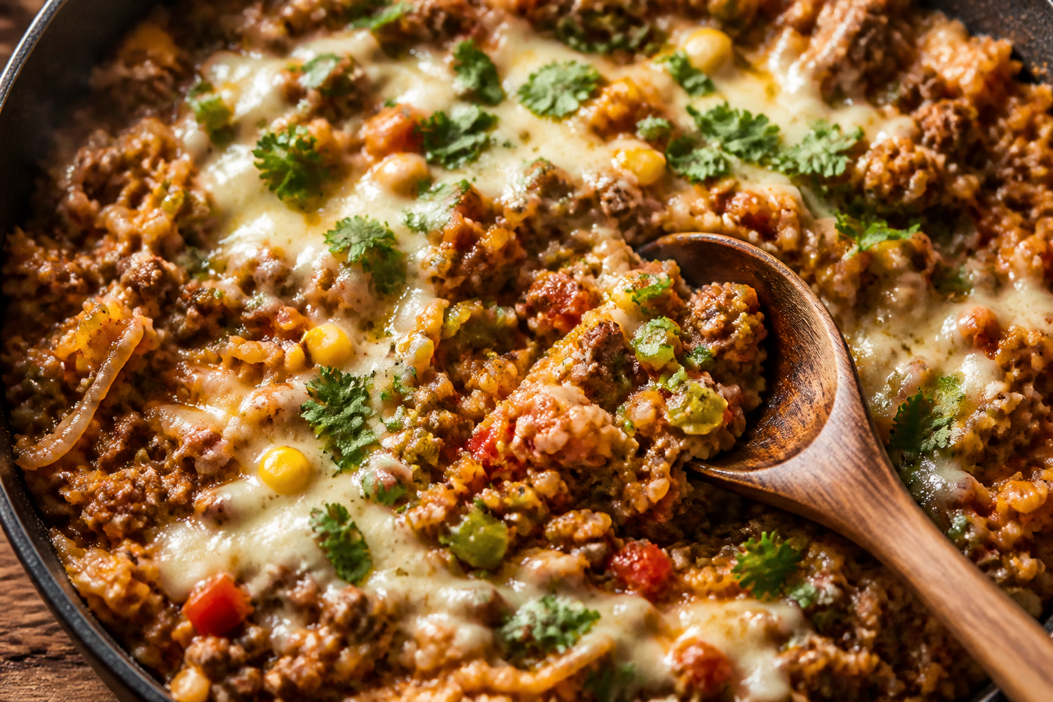 Spanish rice with ground beef, peppers, corn, tomatoes, and melted pepper jack cheese