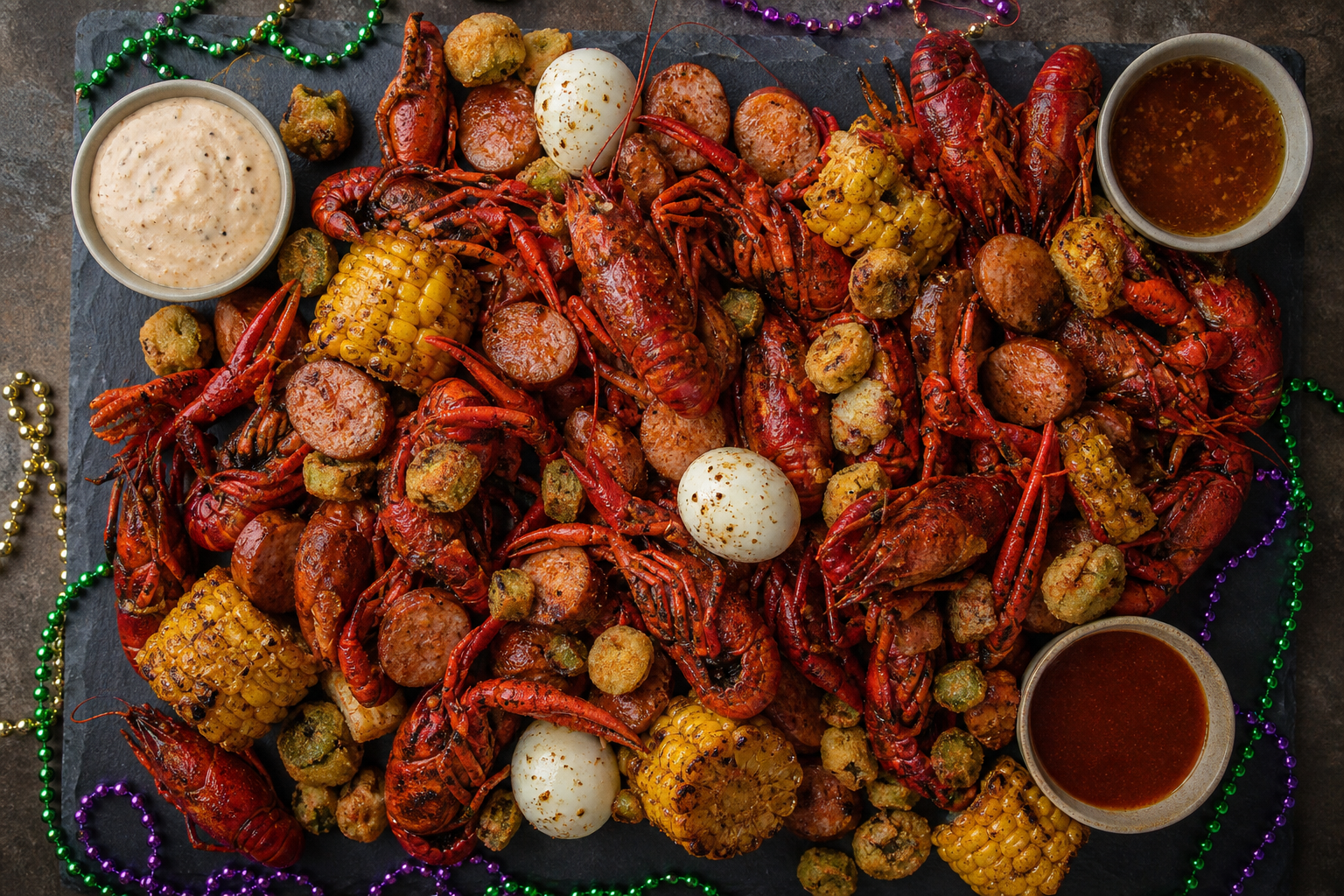 Cajun-themed crawfish boil serving board with andouille okra sauces and Mardi Gras bead decoration