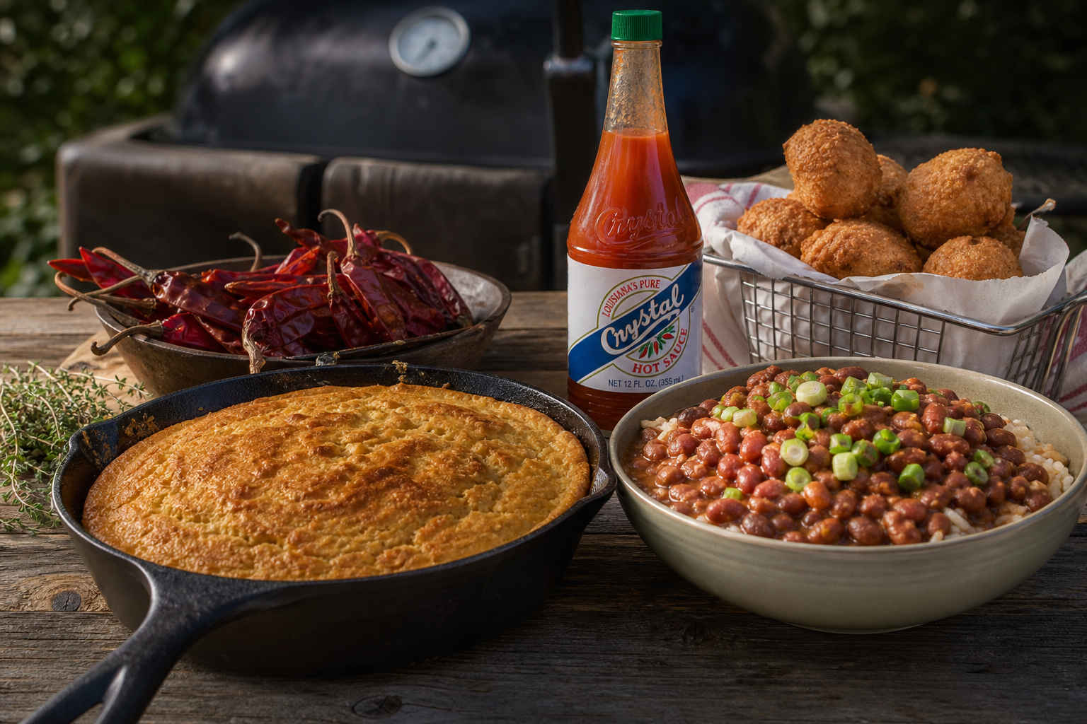 Cajun side dish table with cast iron cornbread red beans hush puppies and hot sauce outdoors