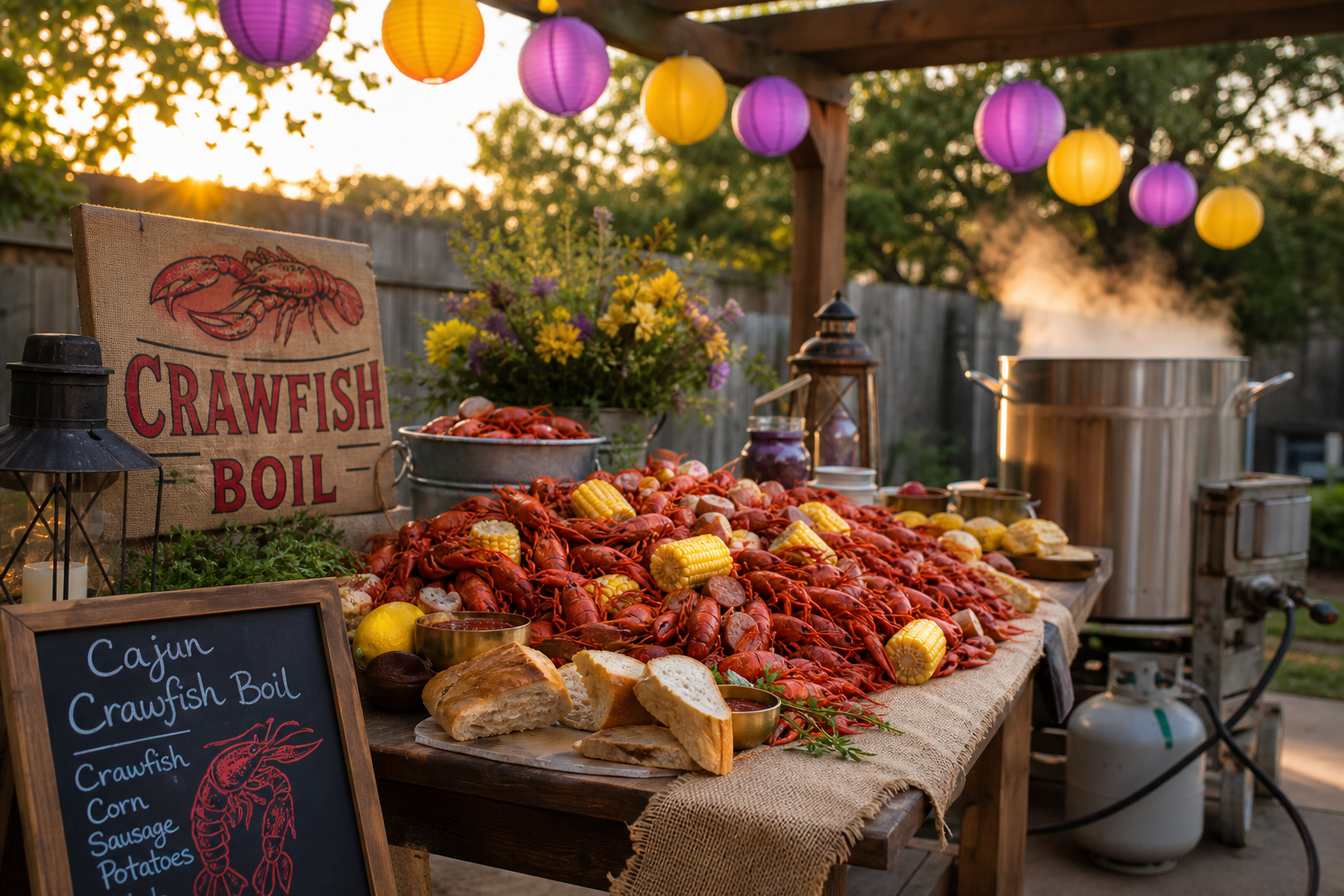 Full Cajun backyard boil station at golden hour with burlap table runner lanterns and chalkboard menu