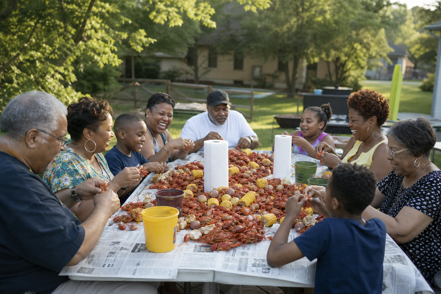 Multi-generational family sitting around newspaper-covered table enjoying backyard crawfish boil