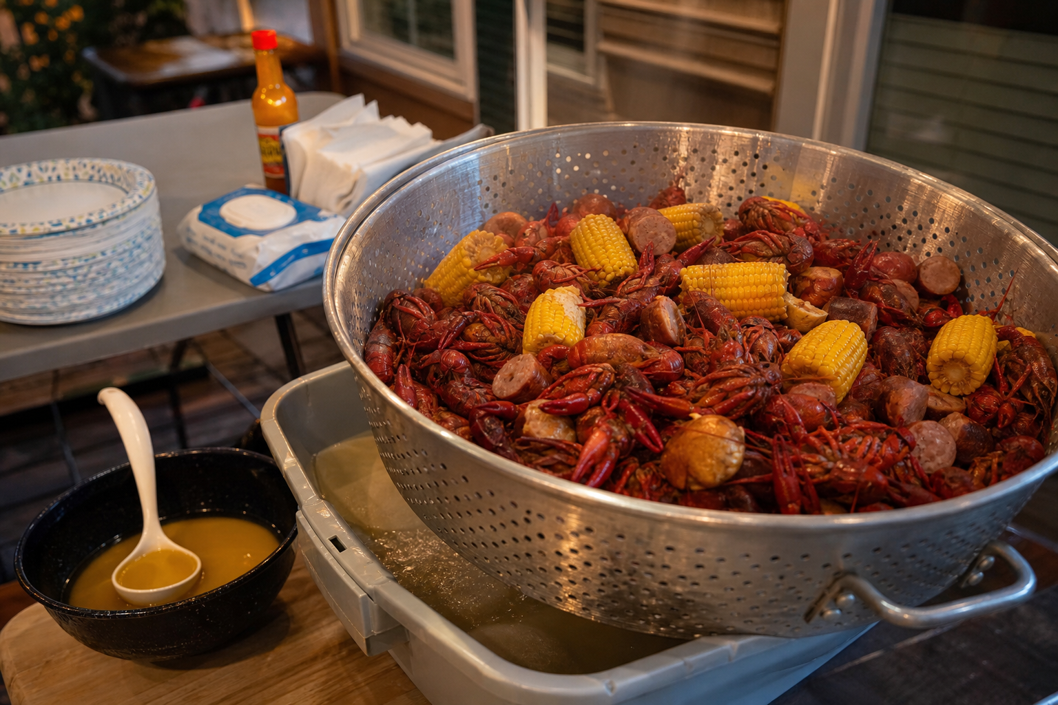 Covered porch crawfish boil serving station with strainer colander plates wet wipes and butter