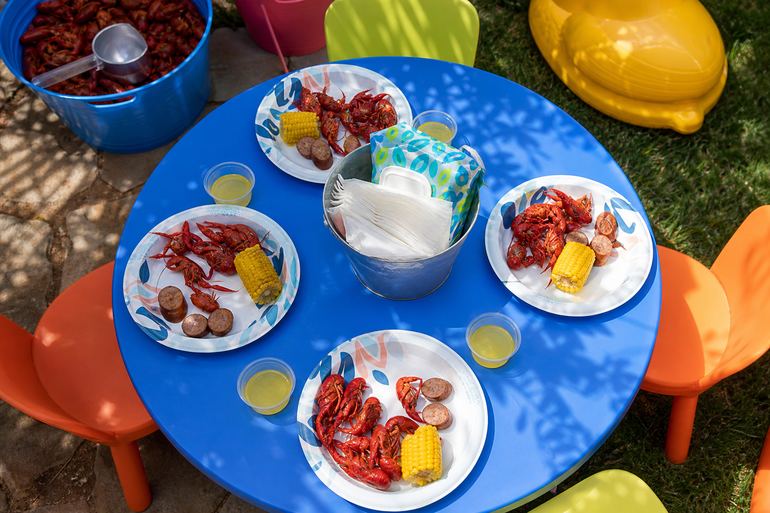 Kids table at family crawfish boil with small portions corn sausage and mild dipping butter