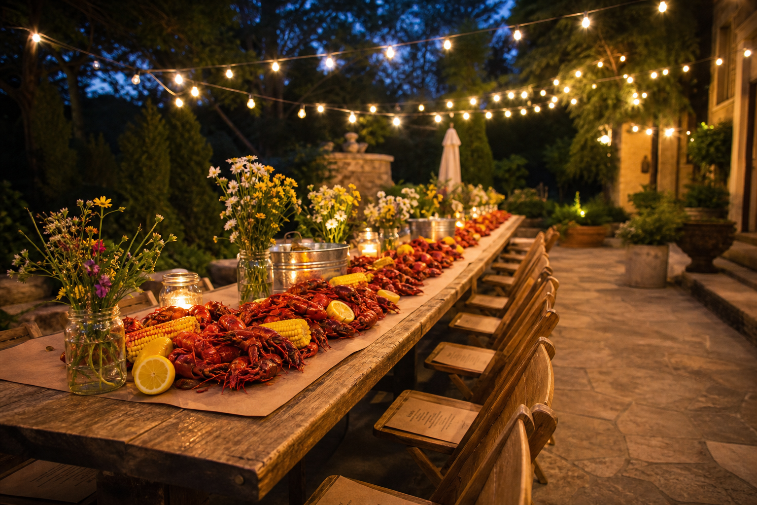 Decorated farmhouse table with string lights crawfish pile lemons and mason jar flower centerpieces
