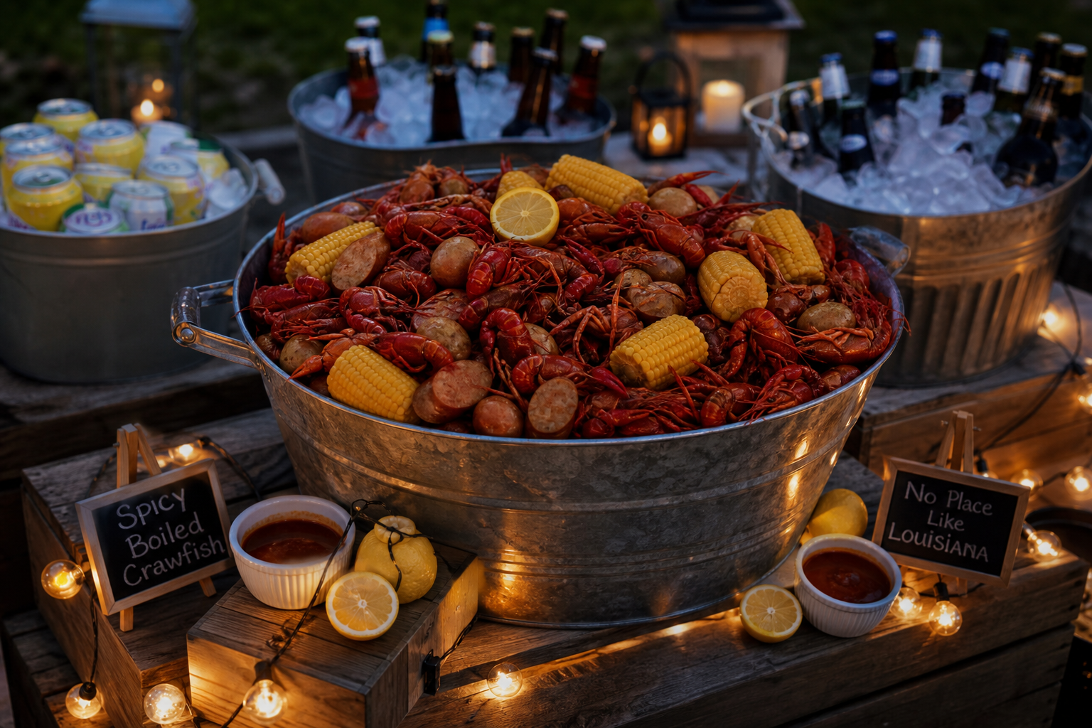 Galvanized metal washtub overflowing with crawfish corn and sausage at nighttime outdoor party