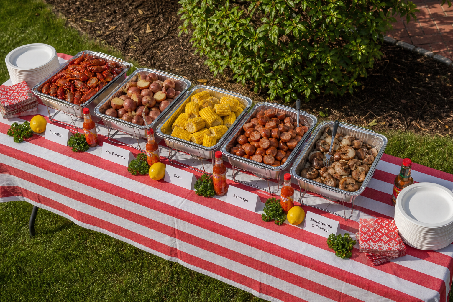 Buffet-style crawfish boil setup with chafing dishes striped tablecloth and labeled tent cards
