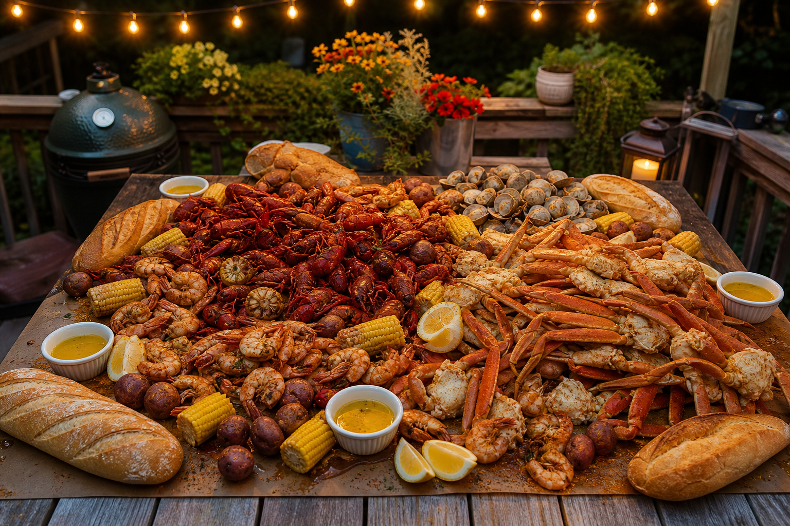 Outdoor seafood feast table loaded with crawfish crab legs shrimp clams corn and bread