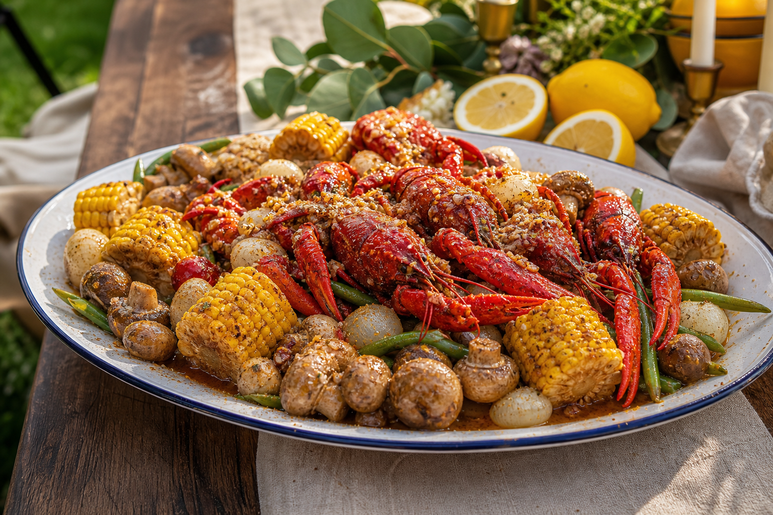 Enamel platter with arranged crawfish boil featuring corn mushrooms green beans and butter sauce