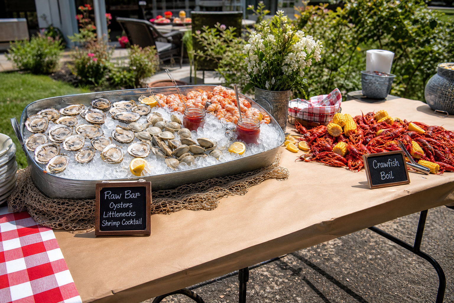 Outdoor seafood station with raw oyster bar alongside boiled crawfish and corn spread