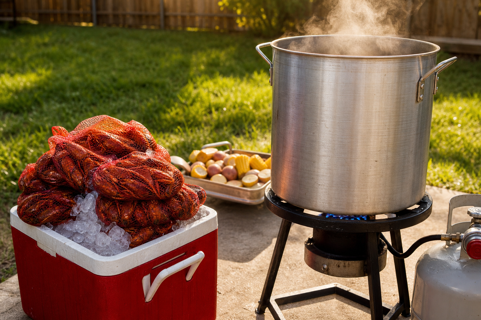 Large aluminum pot on propane burner for a traditional backyard crawfish boil setup