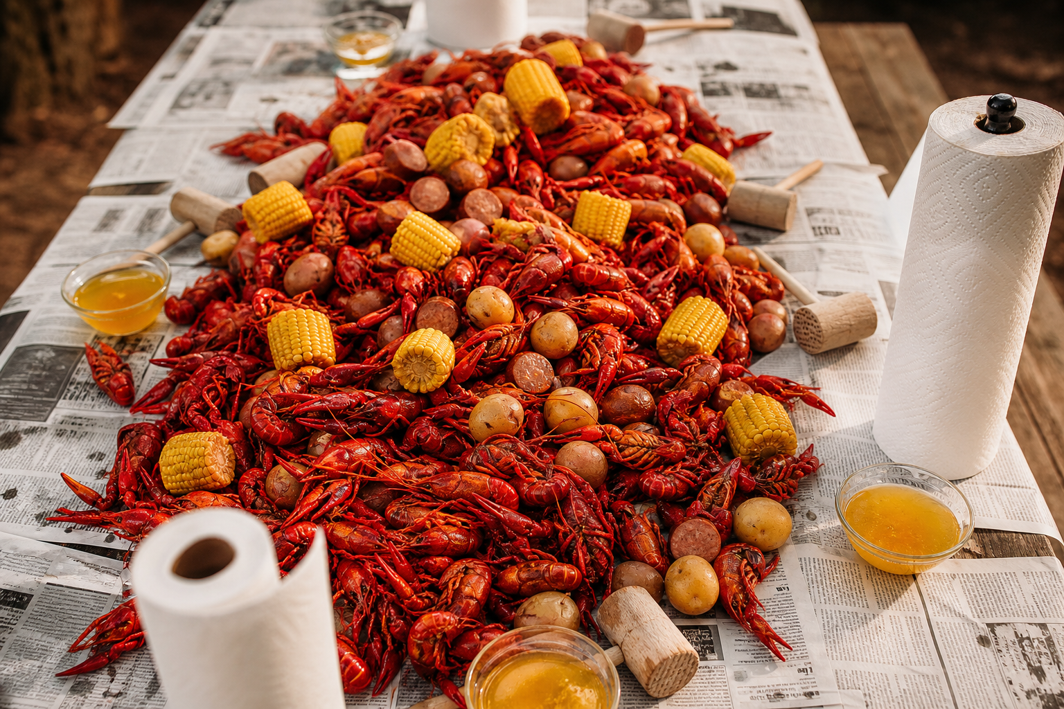 Newspaper-covered picnic table piled high with boiled crawfish corn potatoes and sausage