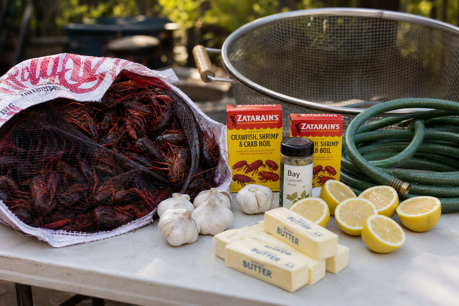 Outdoor prep station with live crawfish sack seasoning blends garlic lemons and butter