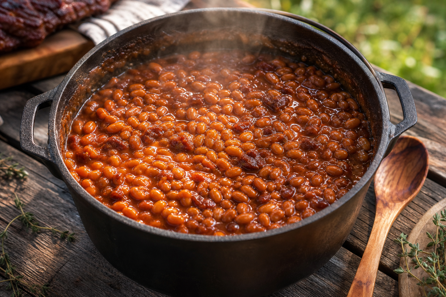 8 Baked Bean Recipe Ideas for BBQ Season 10 Cast iron Dutch oven filled with glossy classic BBQ baked beans on a wooden picnic table