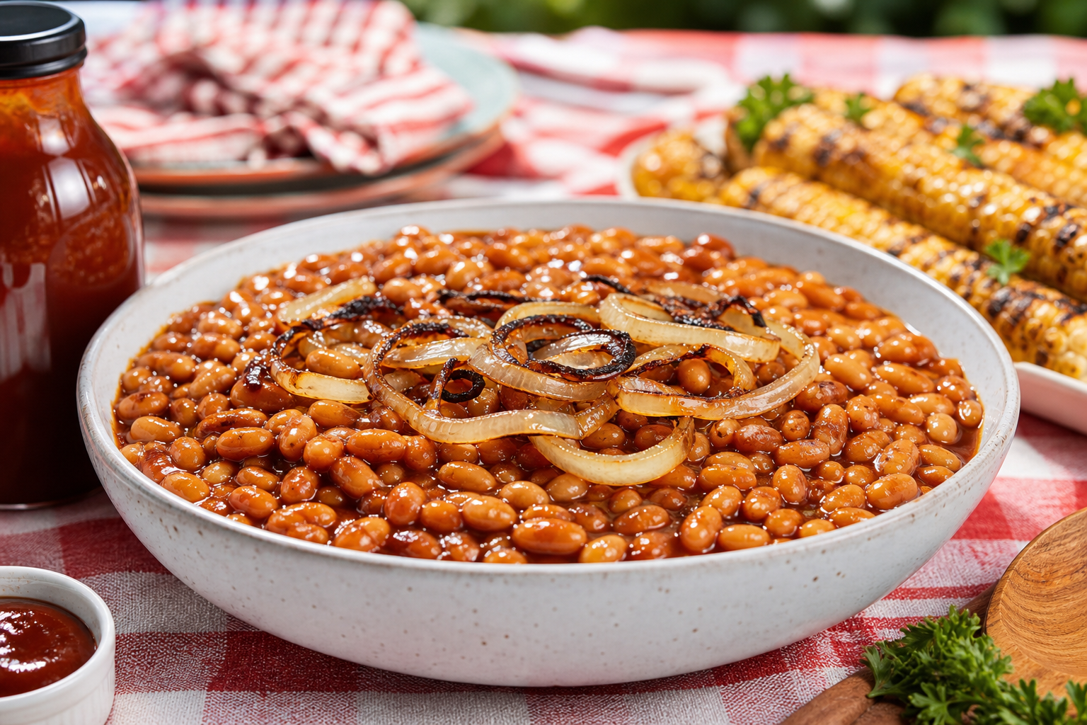 8 Baked Bean Recipe Ideas for BBQ Season 11 Ceramic bowl of classic baked beans with caramelized onion garnish on a checkered tablecloth