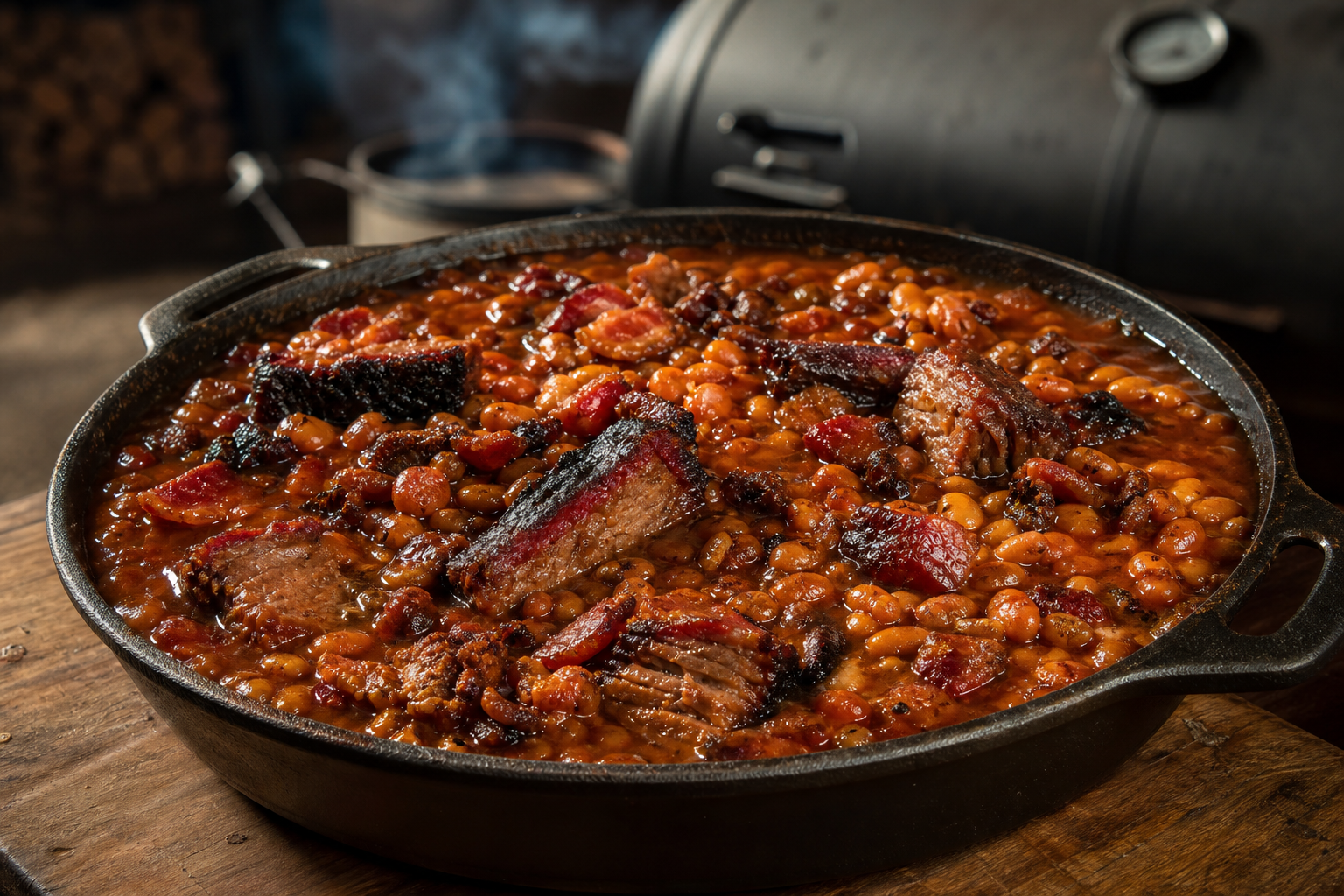 8 Baked Bean Recipe Ideas for BBQ Season 12 Cast iron skillet of smoky baked beans loaded with smoked brisket and bacon pieces near a smoker