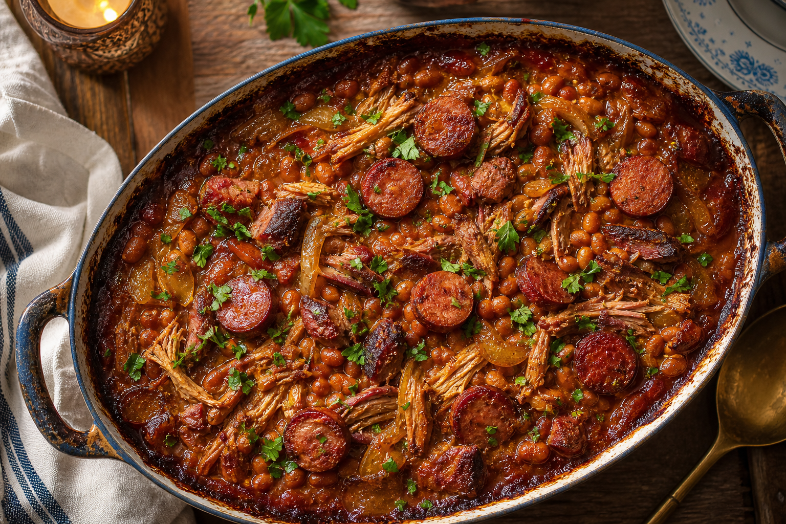 8 Baked Bean Recipe Ideas for BBQ Season 13 Enamel baking dish of meat-loaded baked beans with smoked sausage, pulled pork, and caramelized onion