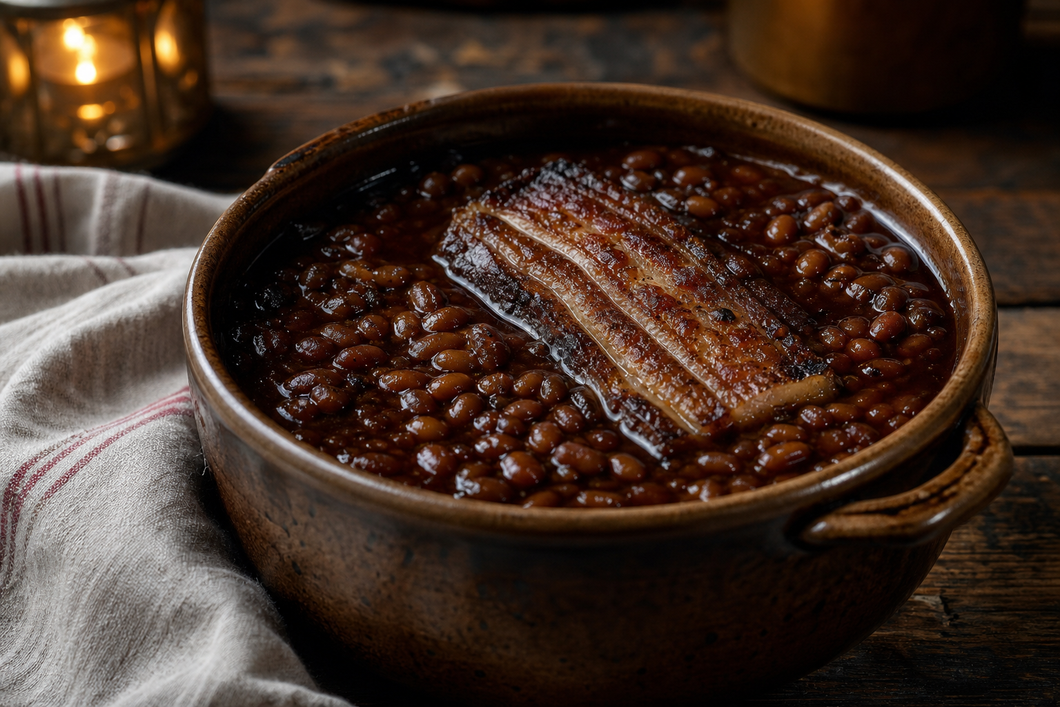 8 Baked Bean Recipe Ideas for BBQ Season 16 Brown ceramic crock of Boston-style baked beans with salt pork on top in a warm kitchen setting