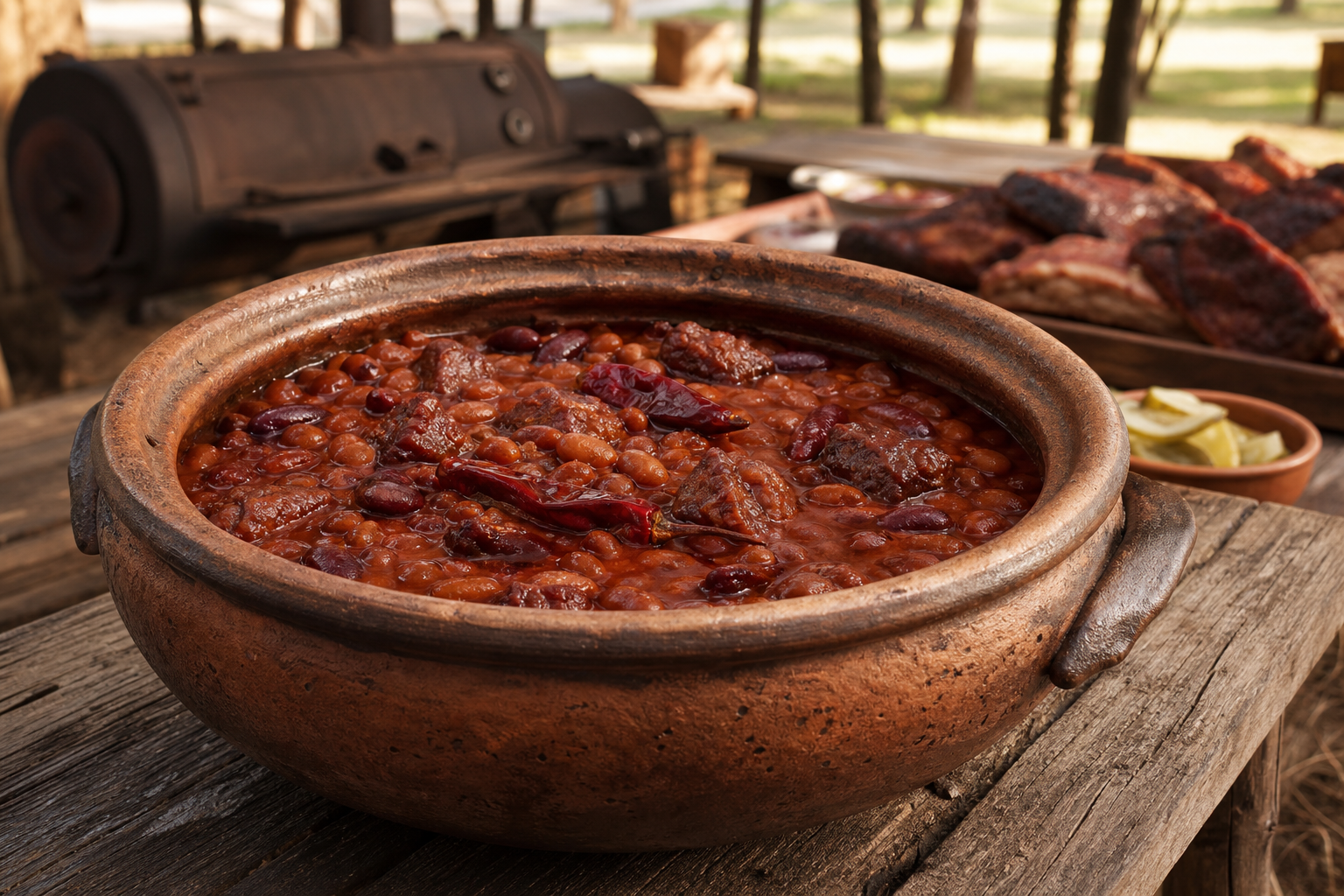 8 Baked Bean Recipe Ideas for BBQ Season 17 Clay pot of Texas-style baked beans with beef chunks and red chili peppers at an outdoor BBQ setting