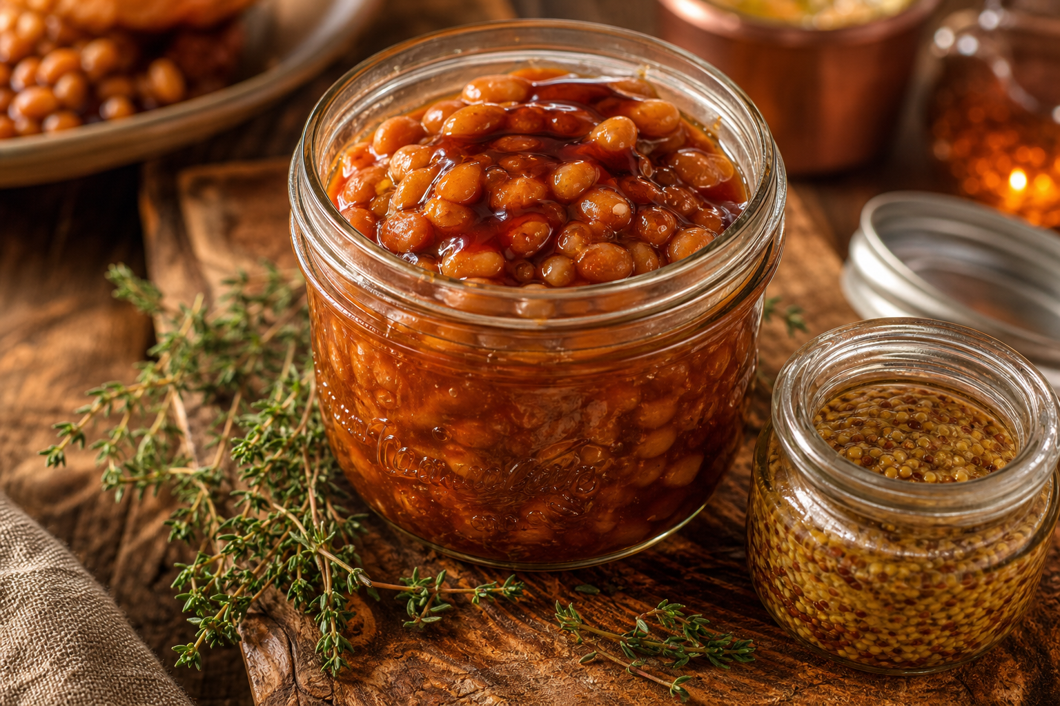 8 Baked Bean Recipe Ideas for BBQ Season 14 Mason jar of maple-glazed baked beans drizzled with amber maple syrup on a rustic wooden board