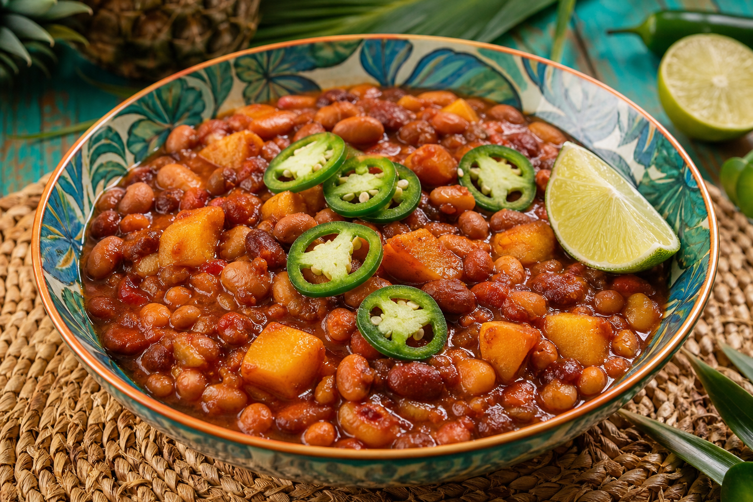 8 Baked Bean Recipe Ideas for BBQ Season 15 Ceramic bowl of pineapple chipotle baked beans garnished with jalapeño slices and a lime wedge