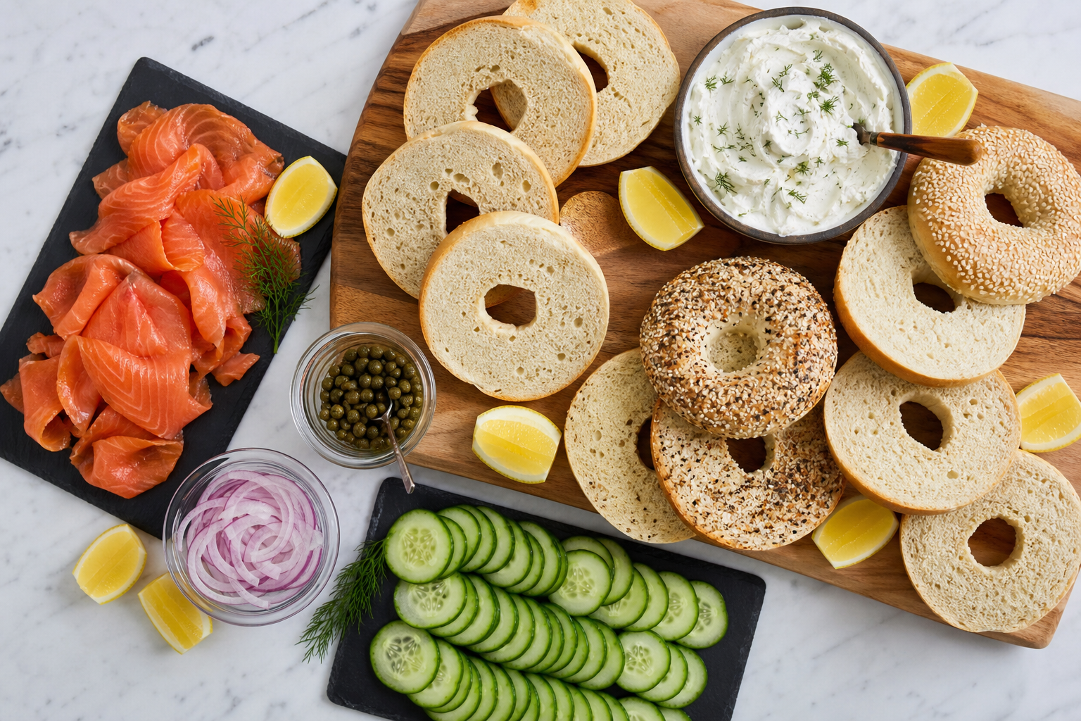 Smoked salmon bagel bar with cream cheese, capers, red onion, cucumber, and lemon on marble surface