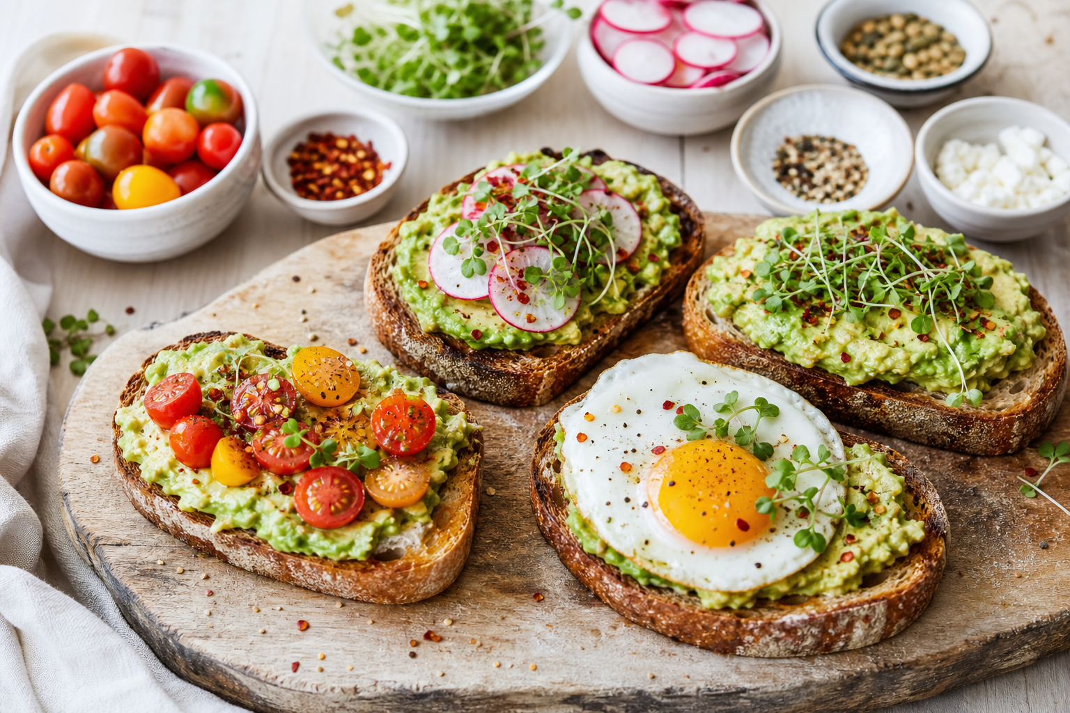 Avocado toast bar with sourdough, cherry tomatoes, microgreens, fried egg, and chili flakes