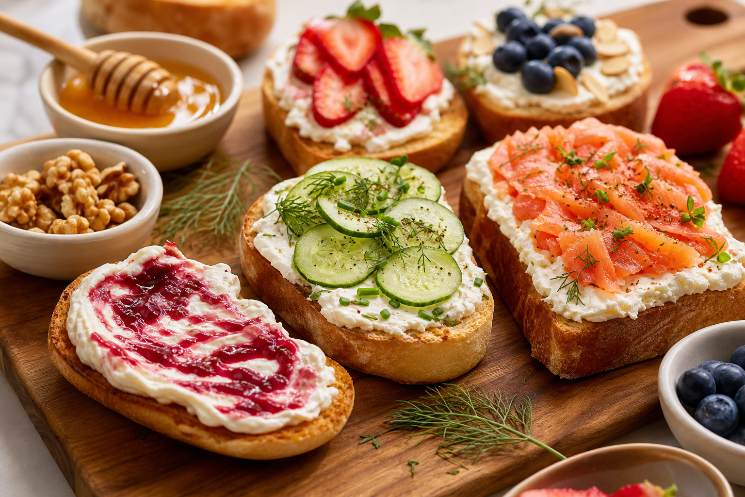 Cream cheese toast bar with strawberry, herb, and smoked salmon cream cheeses on toasted bread rounds