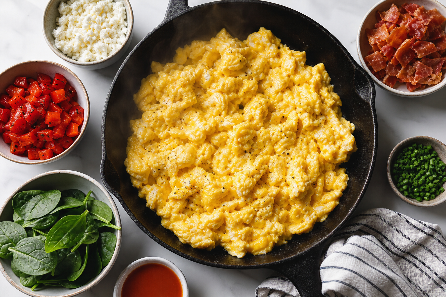 Scrambled egg bar with feta, roasted peppers, prosciutto, and chives in small bowls overhead view