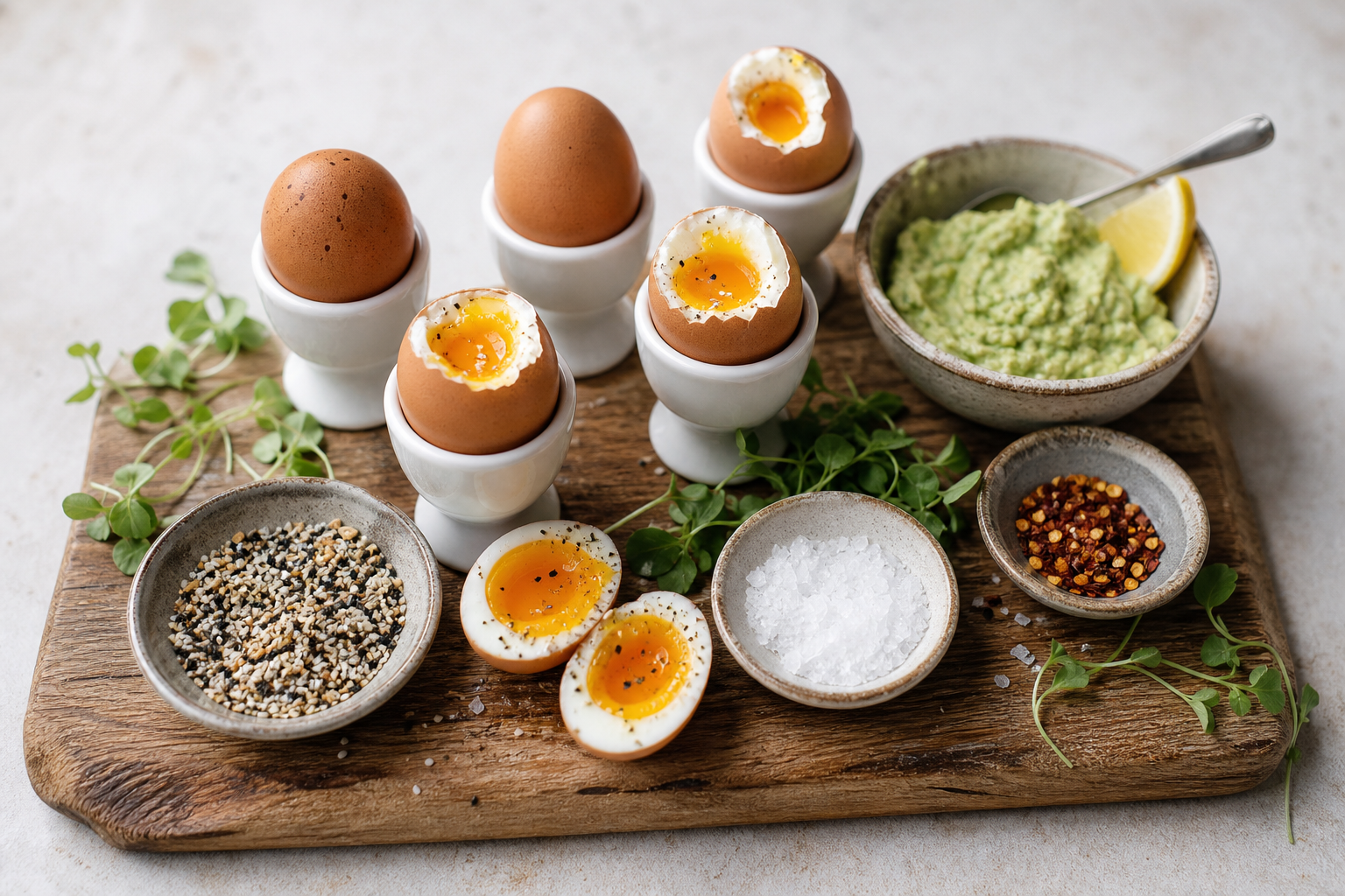 Soft-boiled egg station with jammy yolks, everything bagel seasoning, avocado mash, and microgreens