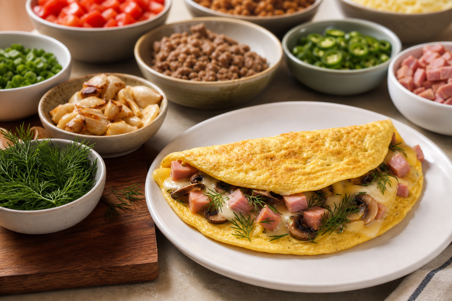 Make-your-own omelet station with ham, Swiss cheese, mushrooms, and various filling options in bowls
