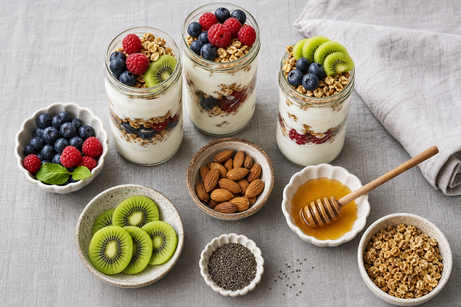 Yogurt parfait bar with Greek yogurt, granola, fresh berries, chia seeds, and honey in glass jars