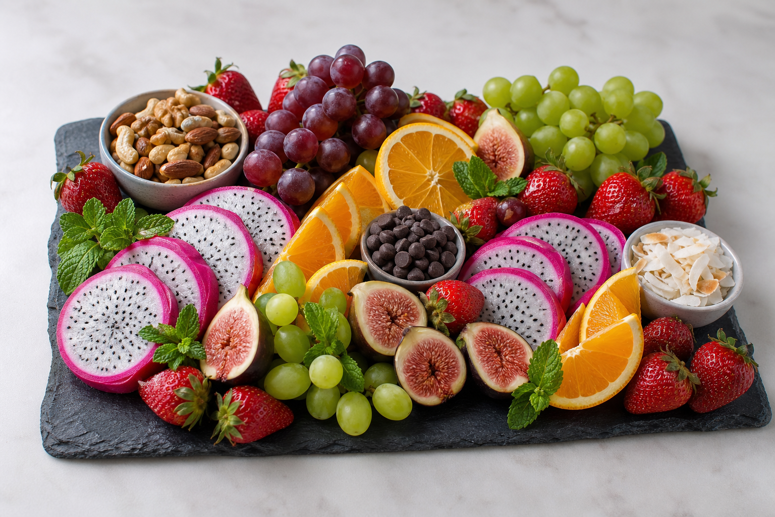 Fresh fruit and nut grazing board with dragon fruit, figs, grapes, strawberries, and mixed nuts on slate