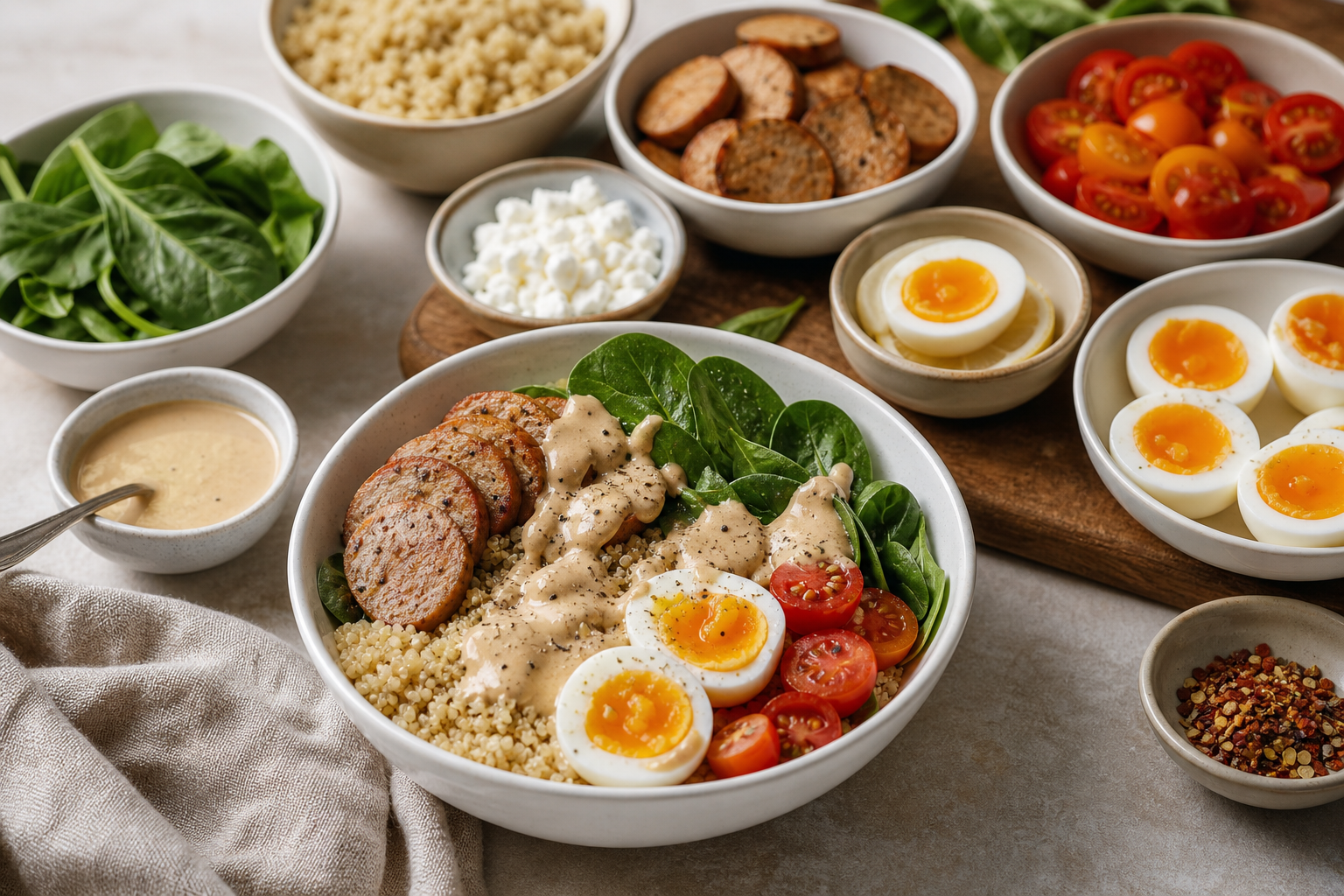 Healthy brunch bowl with quinoa, turkey sausage, spinach, cherry tomatoes, soft-boiled egg, and tahini dressing