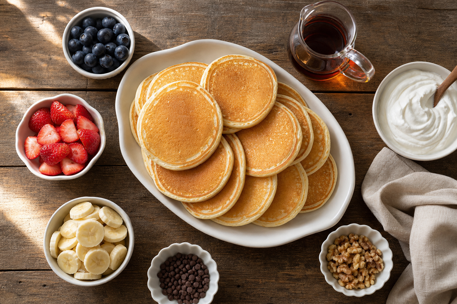 Overhead view of a pancake bar with toppings including fresh berries, chocolate chips, and maple syrup