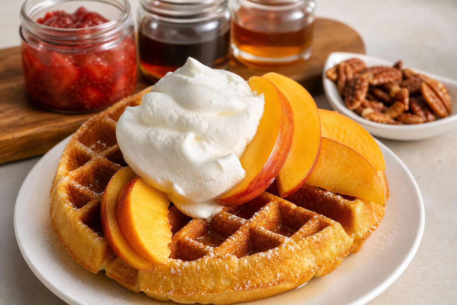 Belgian waffle topped with whipped cream and sliced peaches at a brunch waffle bar