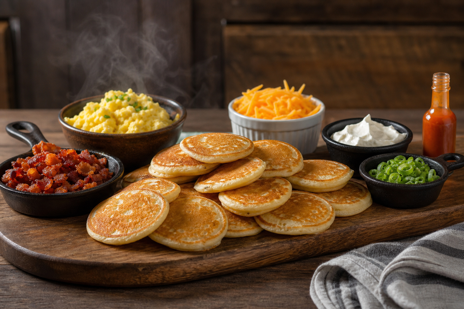 Savory pancake bar with bacon crumbles, cheddar, sour cream, and scrambled eggs on a wooden board