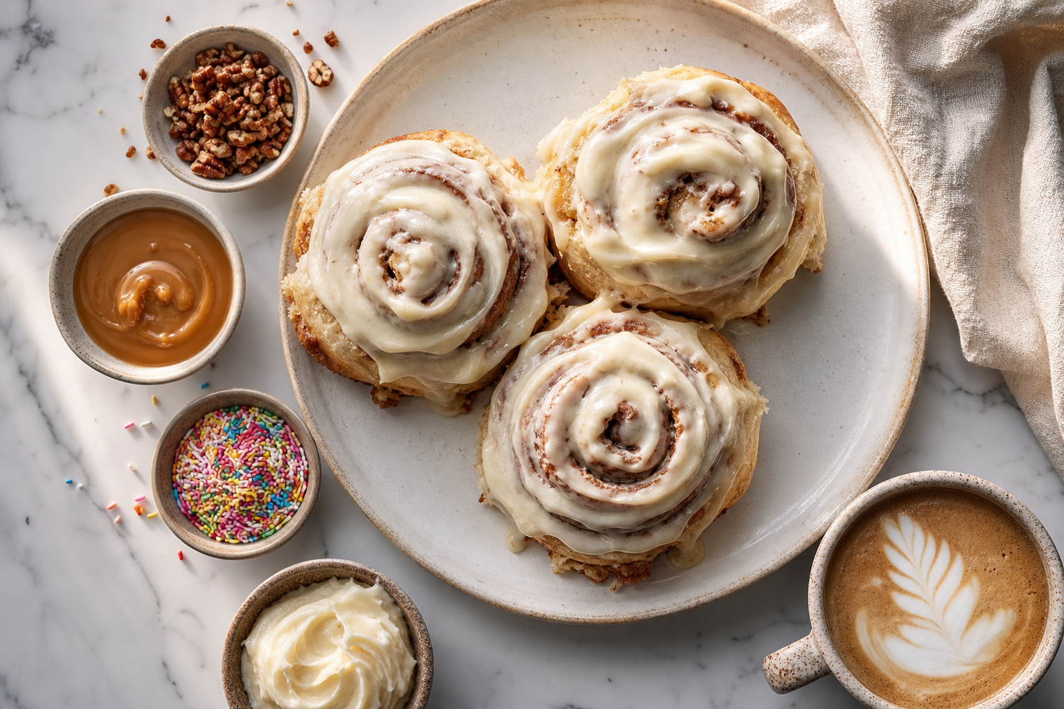Cinnamon roll bar with cream cheese frosting, caramel drizzle, pecans, and sprinkles on marble surface