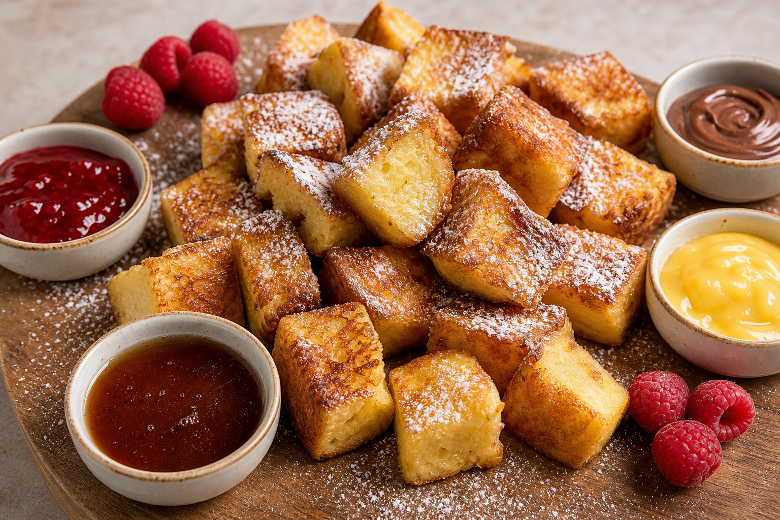 French toast bites on rustic board with dipping cups of maple syrup, strawberry jam, Nutella, and lemon curd