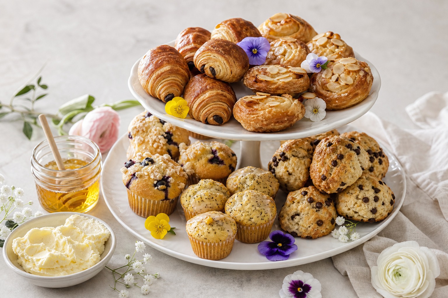 Two-tiered pastry stand with chocolate croissants, blueberry muffins, scones, and lemon poppy seed muffins
